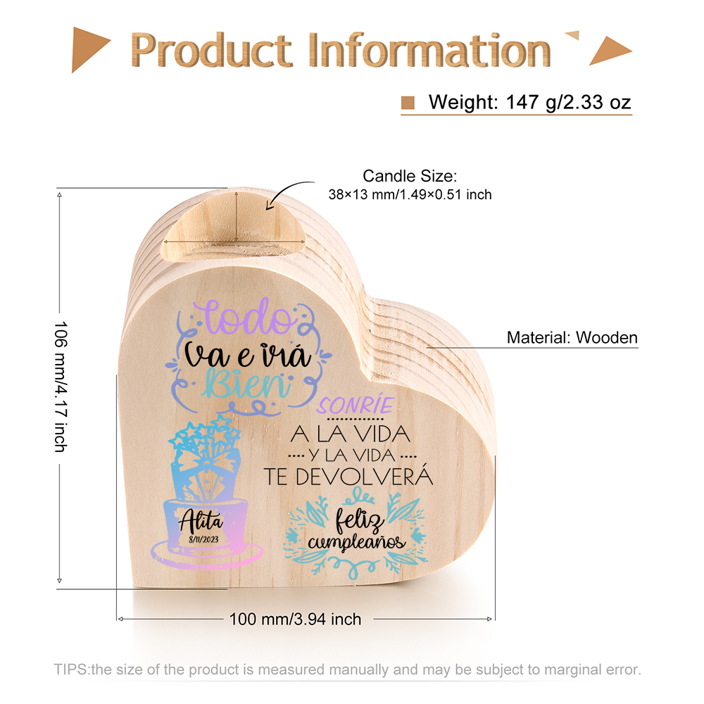 Cumpleaños-Candelero en forma de corazón con nombre y fecha personalizados-Jessemade ES