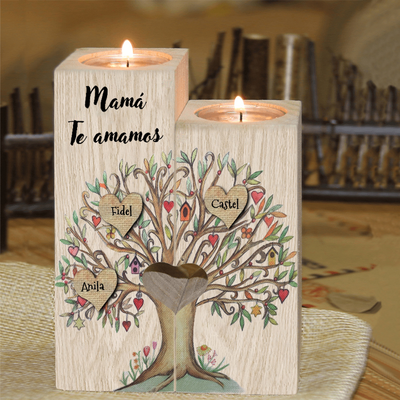 A la familia-Candelero de árbol de la vida de madera personalizado con 3-8 nombres y 1 texto sin vela-Jessemade ES