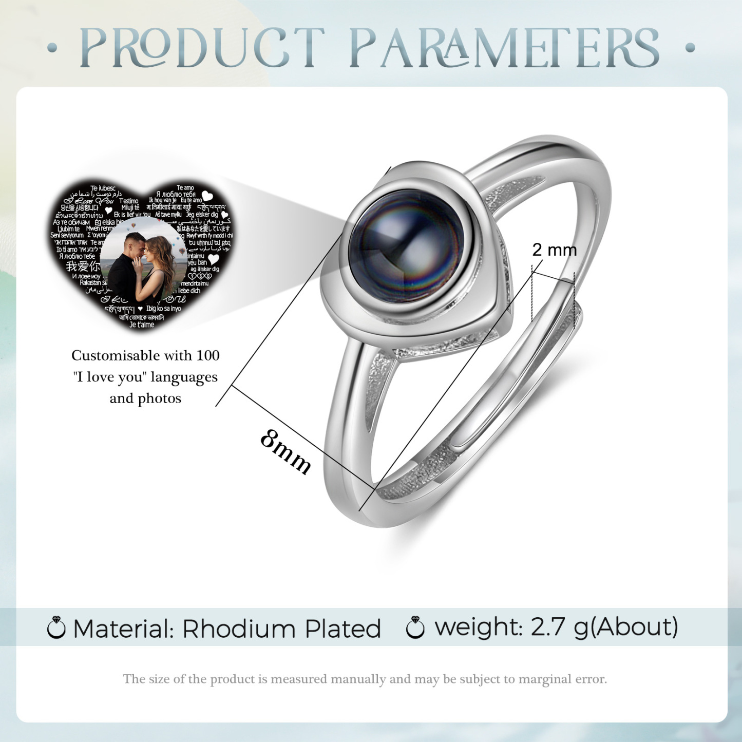 Anillo de corazón con proyección de foto anillo ajustable-Jessemade ES