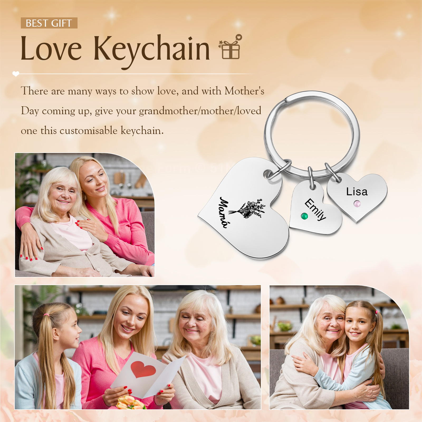 A mi mamá/abuela - Llavero con 2 nombres y piedras de nacimiento personalizados en corazones con texto y flor-Jessemade ES