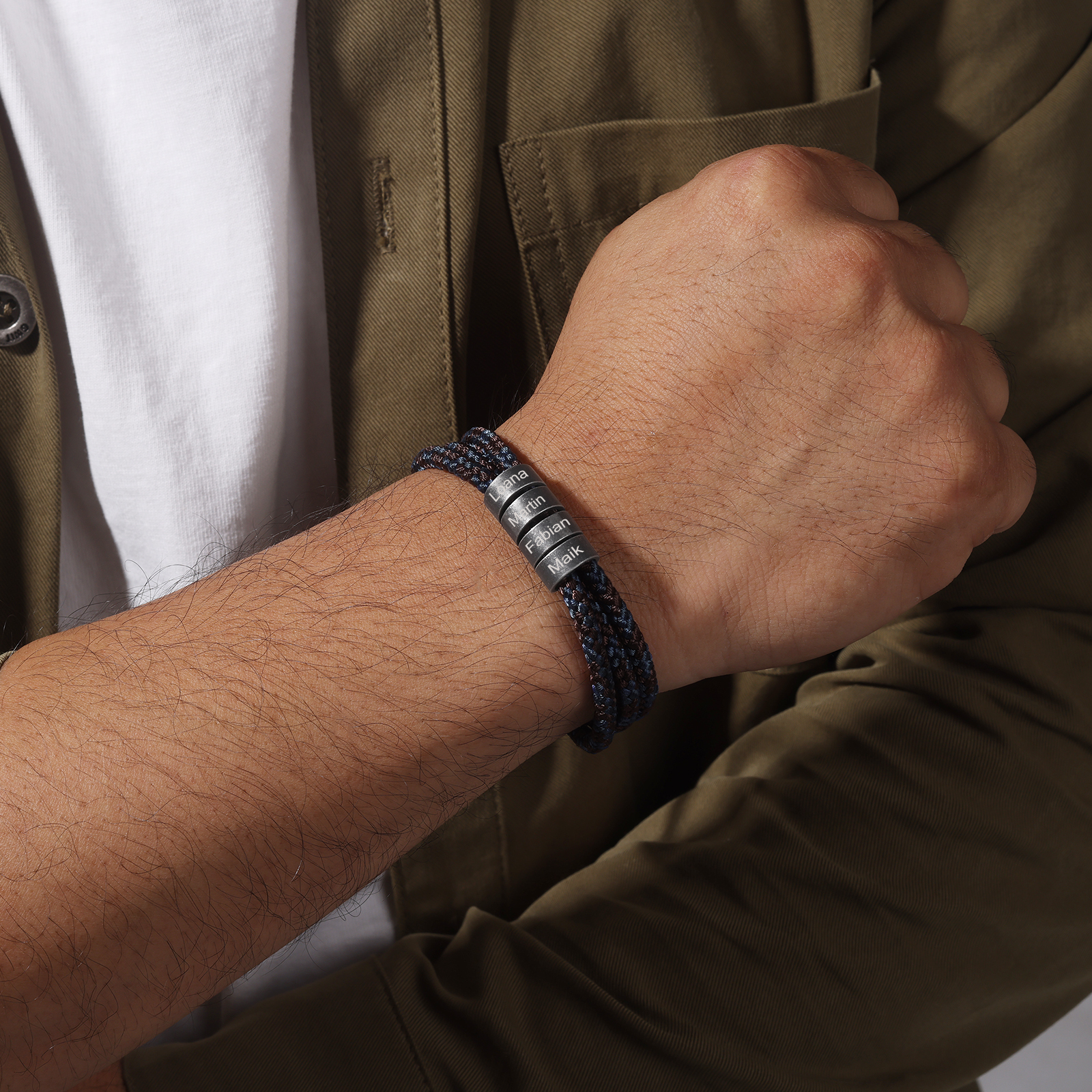 Pulsera de triple cuerda azul y marrón con 4 aros 4 nombres personalizados pulsera de hombre -Jessemade ES