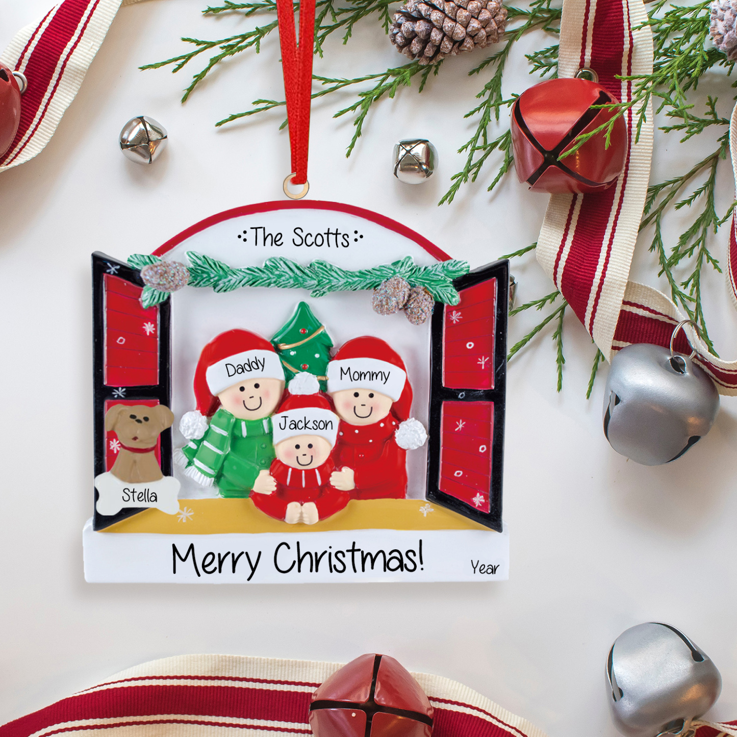 Navidad-Ornamentos Navideños de Madera Familia de 2-4 con Perro 3-5 Nombres Personalizados con 2 Textos y Año-Jessemade ES