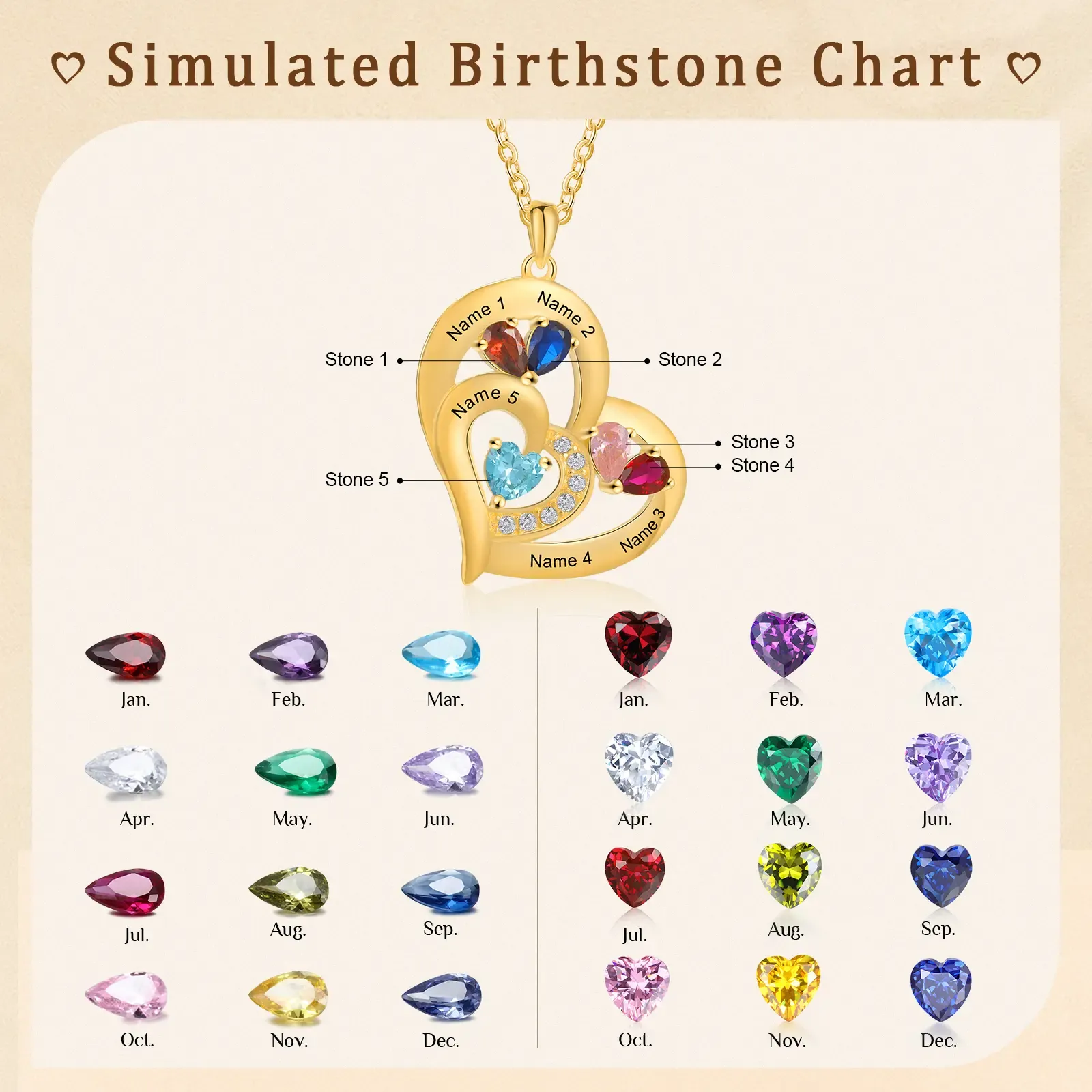 Collar corazón con 1-6 nombres personalizados y 1-6 piedras de nacimiento-Jessemade ES