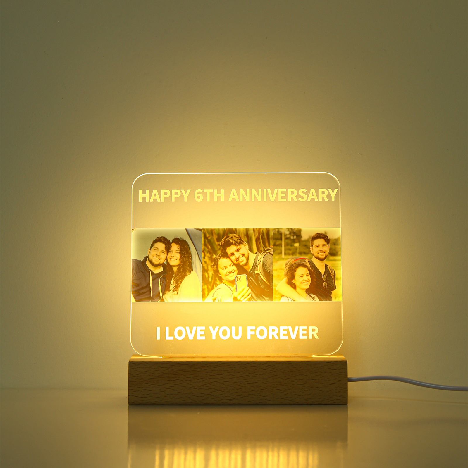 Lámpara 3D Ilusión Luz de noche LED 3 fotos personalizadas con 2 textos-Jessemade ES