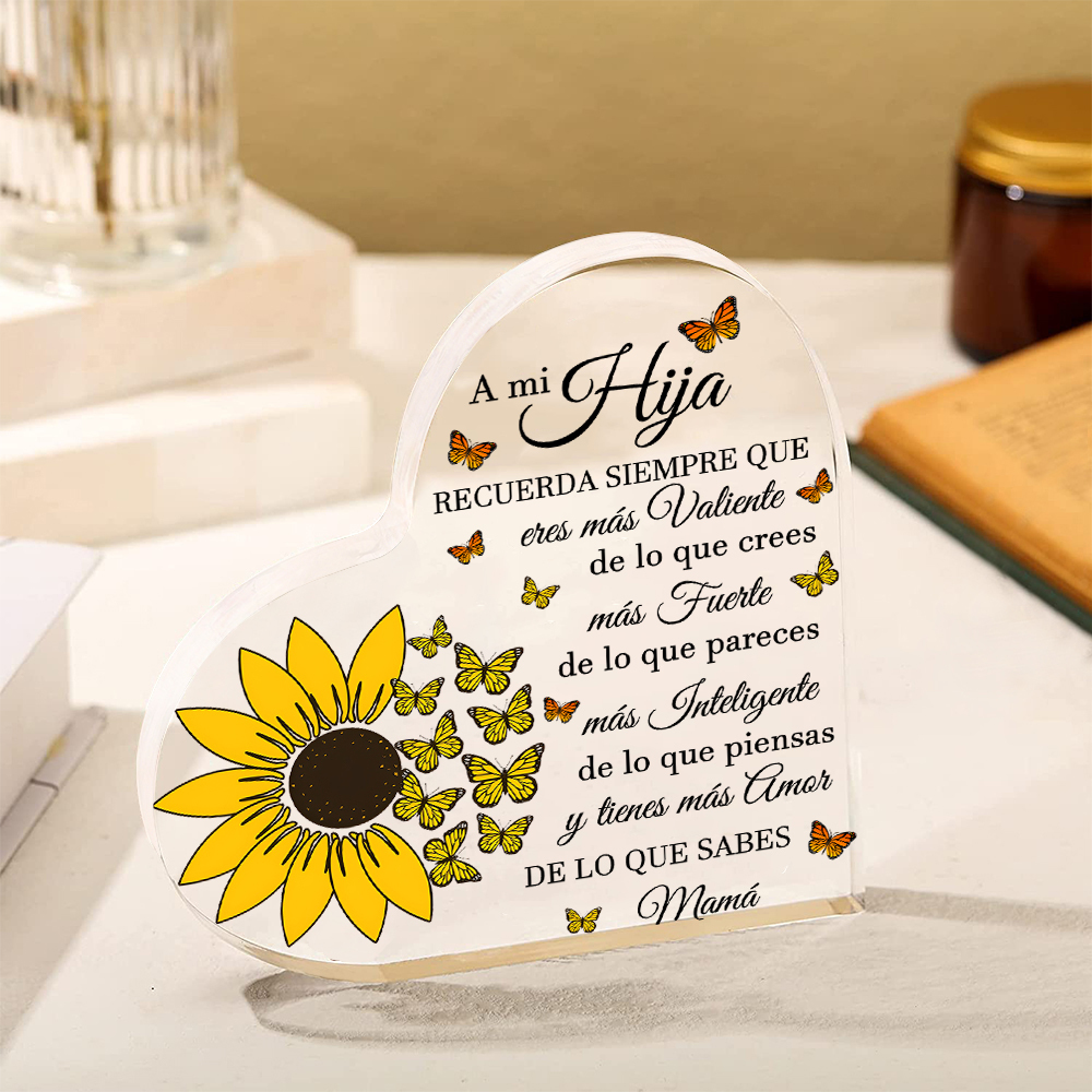 A mi hija-Placa de acrílico en forma de corazón de girasol con 1 nombre personalizado-Jessemade ES