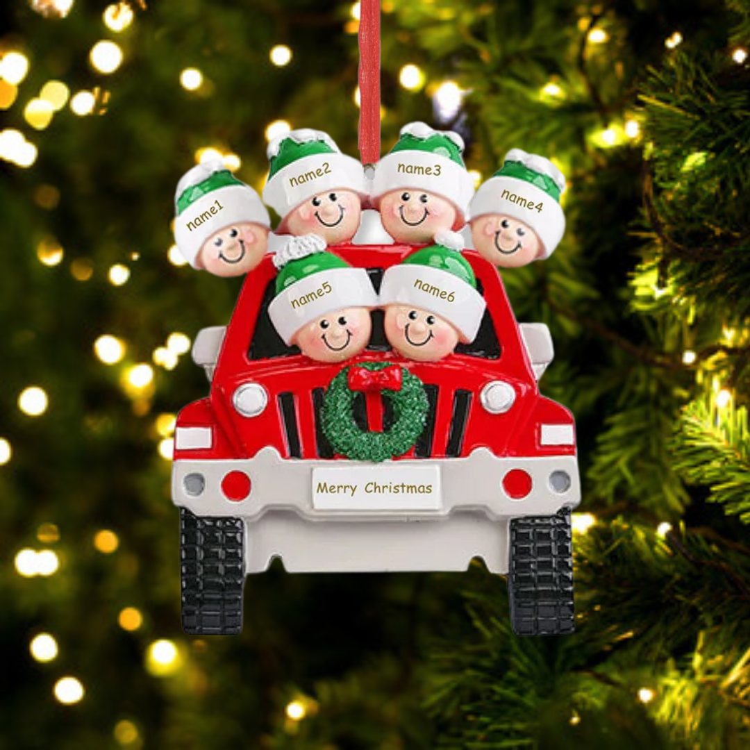 Navidad-Ornamentos con Muñecos Navideños en Coche 6 Nombres con Texto Personalizados Adorno de Resina