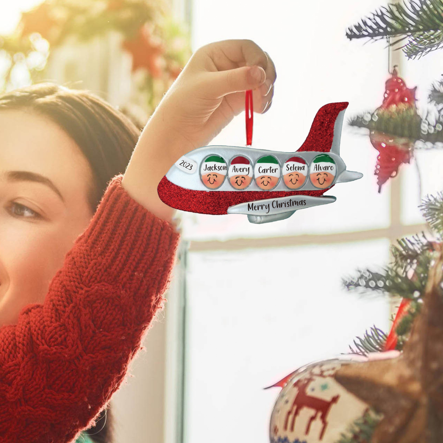 Navidad-Ornamento muñecos navideño de madera viaje en avión 5 nombres, 1 texto y 1 año personalizados adorno del árbol-Jessemade ES