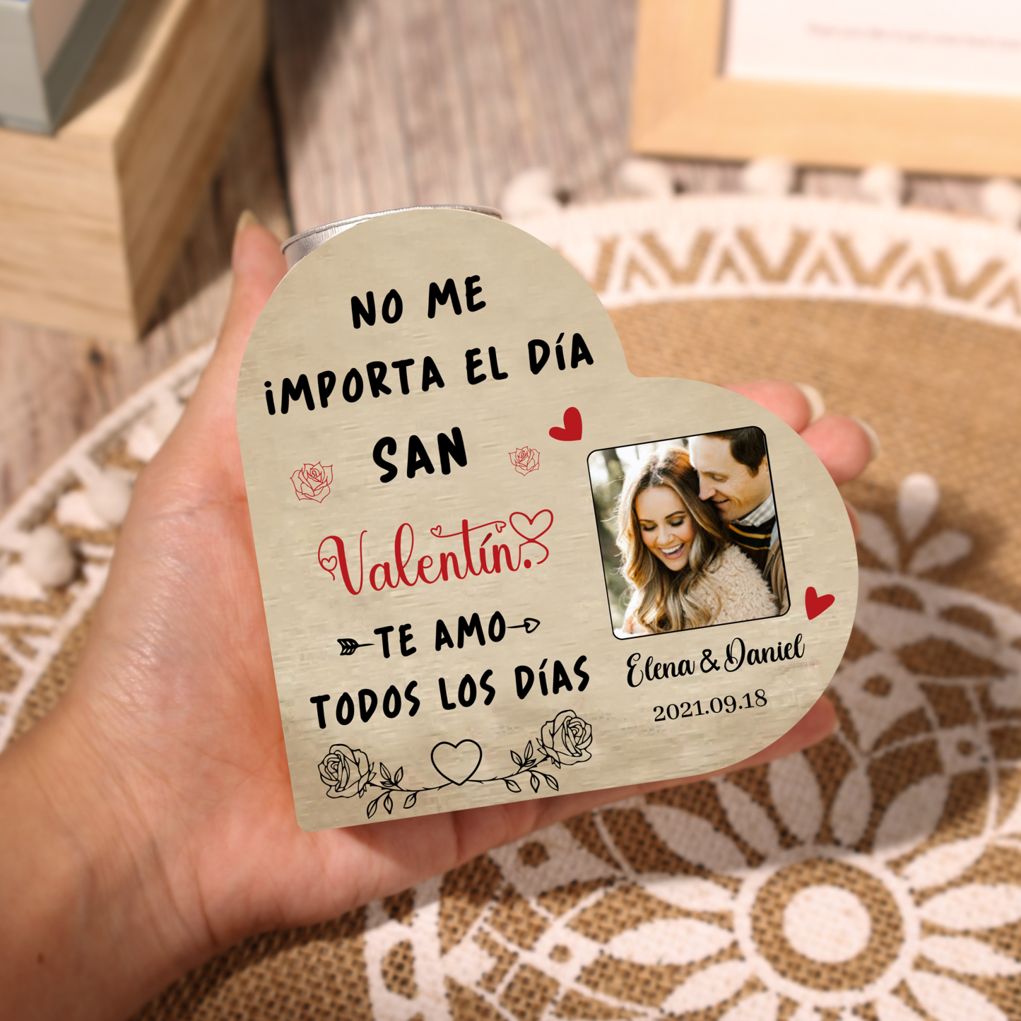 San Valentín-Candelero de madera para pareja con foto sin vela personalizado con nombres y fecha-Jessemade ES