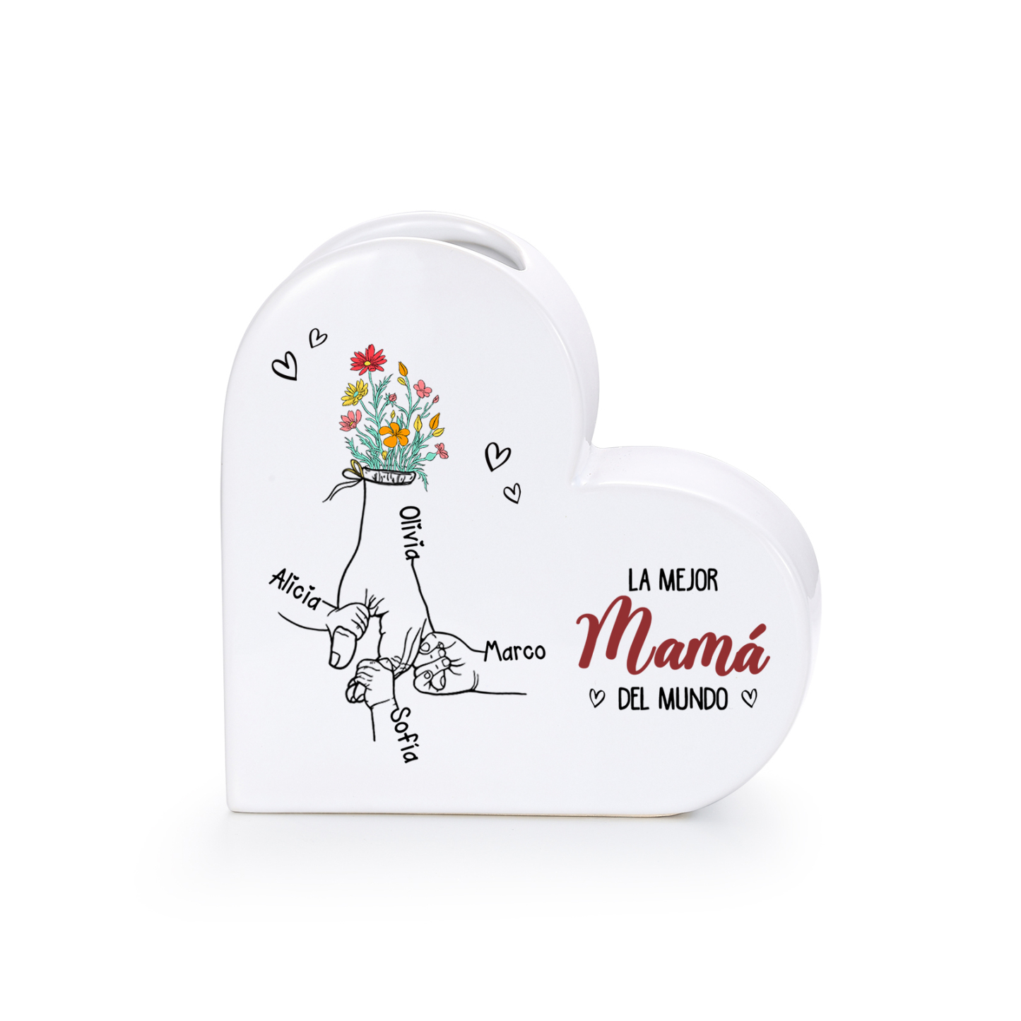 Jarrón Corazón de Cerámica Personalizado con 2 a 6 Nombres « La mejor mamá/abuela del mundo »