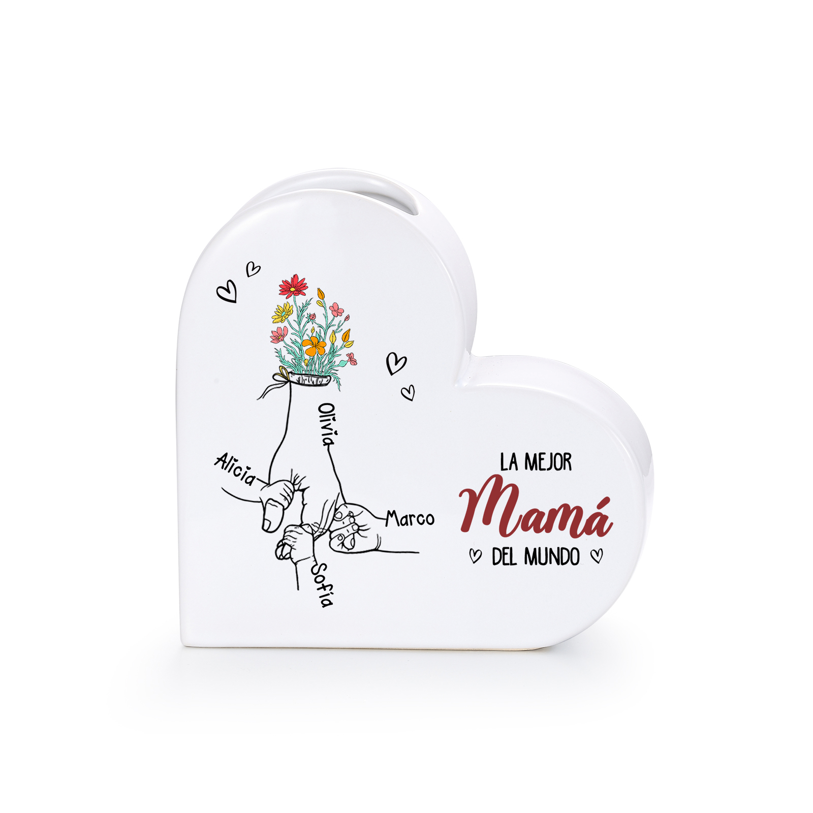 Jarrón Corazón de Cerámica Personalizado con 2 a 6 Nombres « La mejor mamá/abuela del mundo »