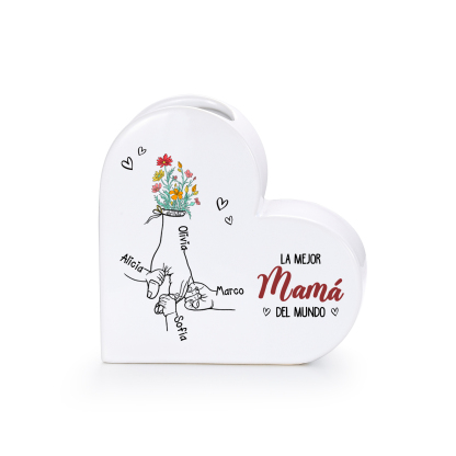 Jarrón Corazón de Cerámica Personalizado con 2 a 6 Nombres « La mejor mamá/abuela del mundo »