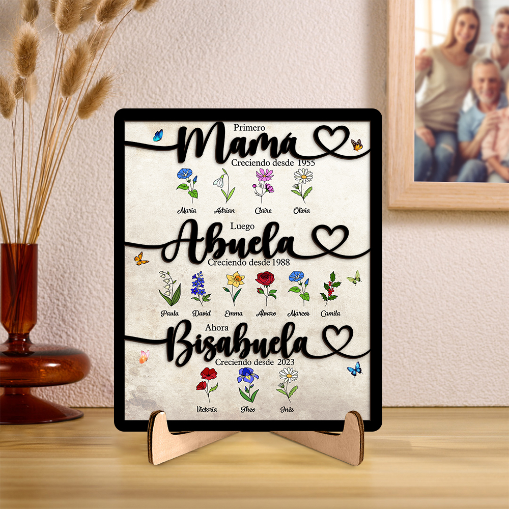 Marco familiar personalizado de madera «Primero mamá, luego abuela, ahora bisabuela» con motivo floral
