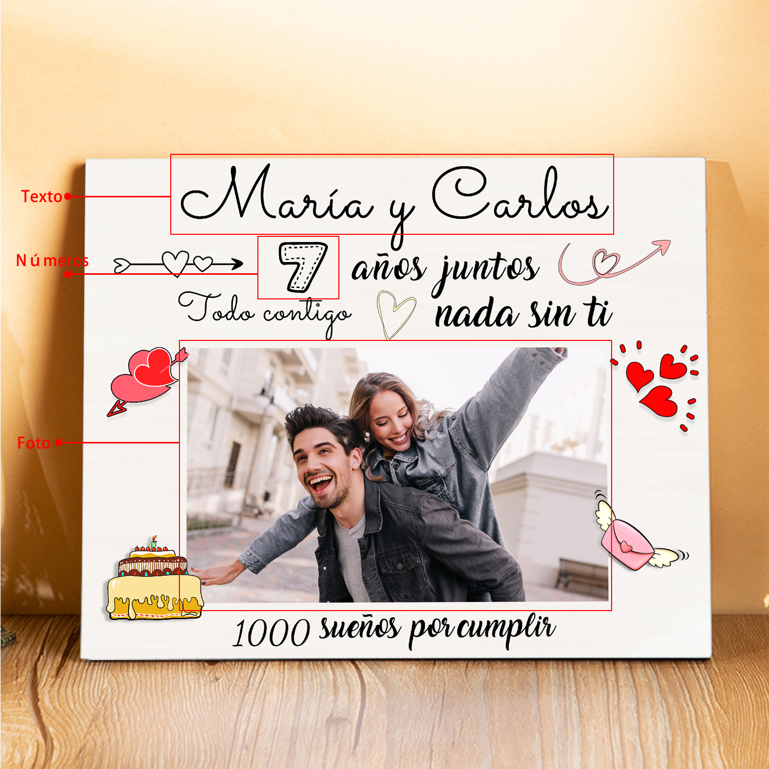 Lámina marco de madera para pareja 1 texto y 1 número personalizados con 1 foto-Jessemade ES