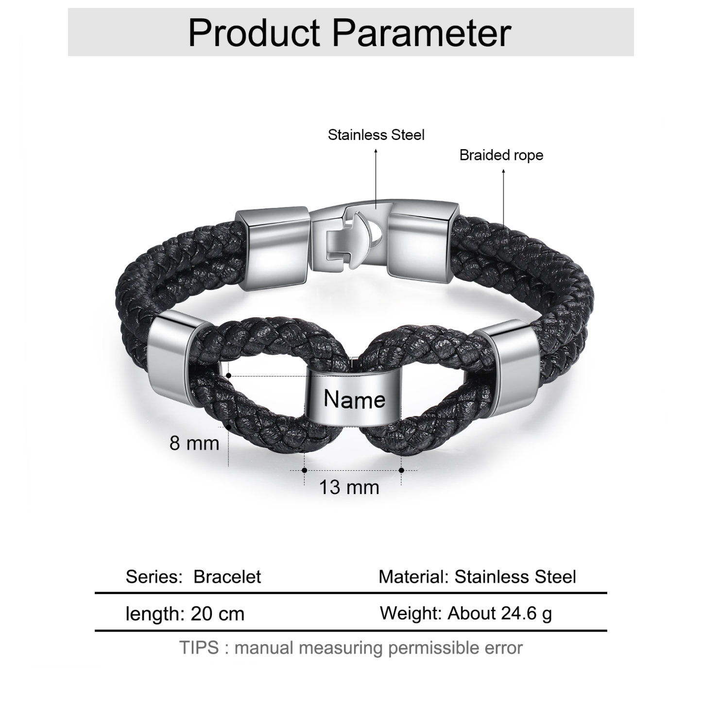 Pulsera 1-7 Nombres Personalizados de Cuero Trenzado con Aros-Jessemade ES