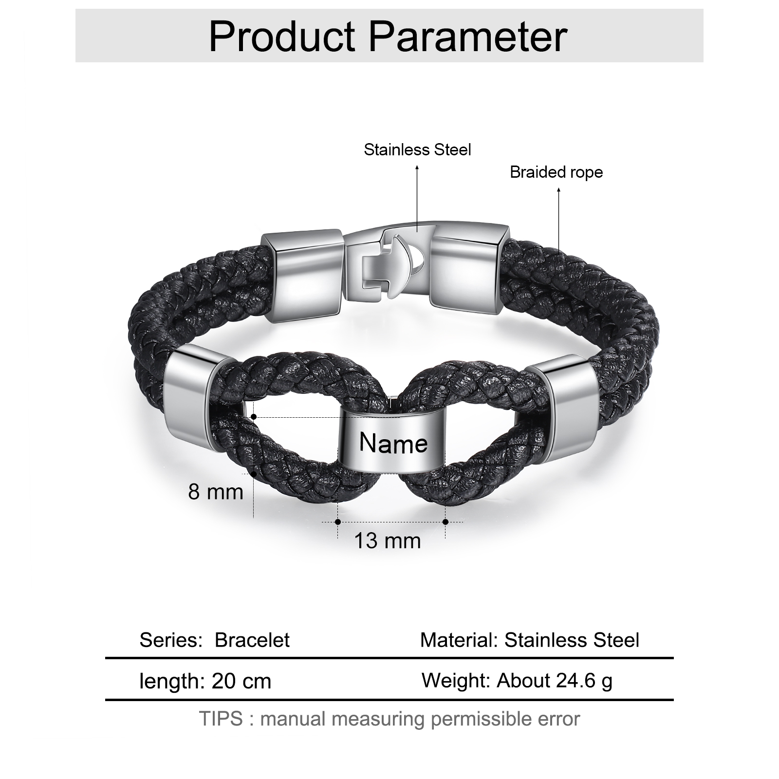 Pulsera 1-7 Nombres Personalizados de Cuero Trenzado con Aros-Jessemade ES