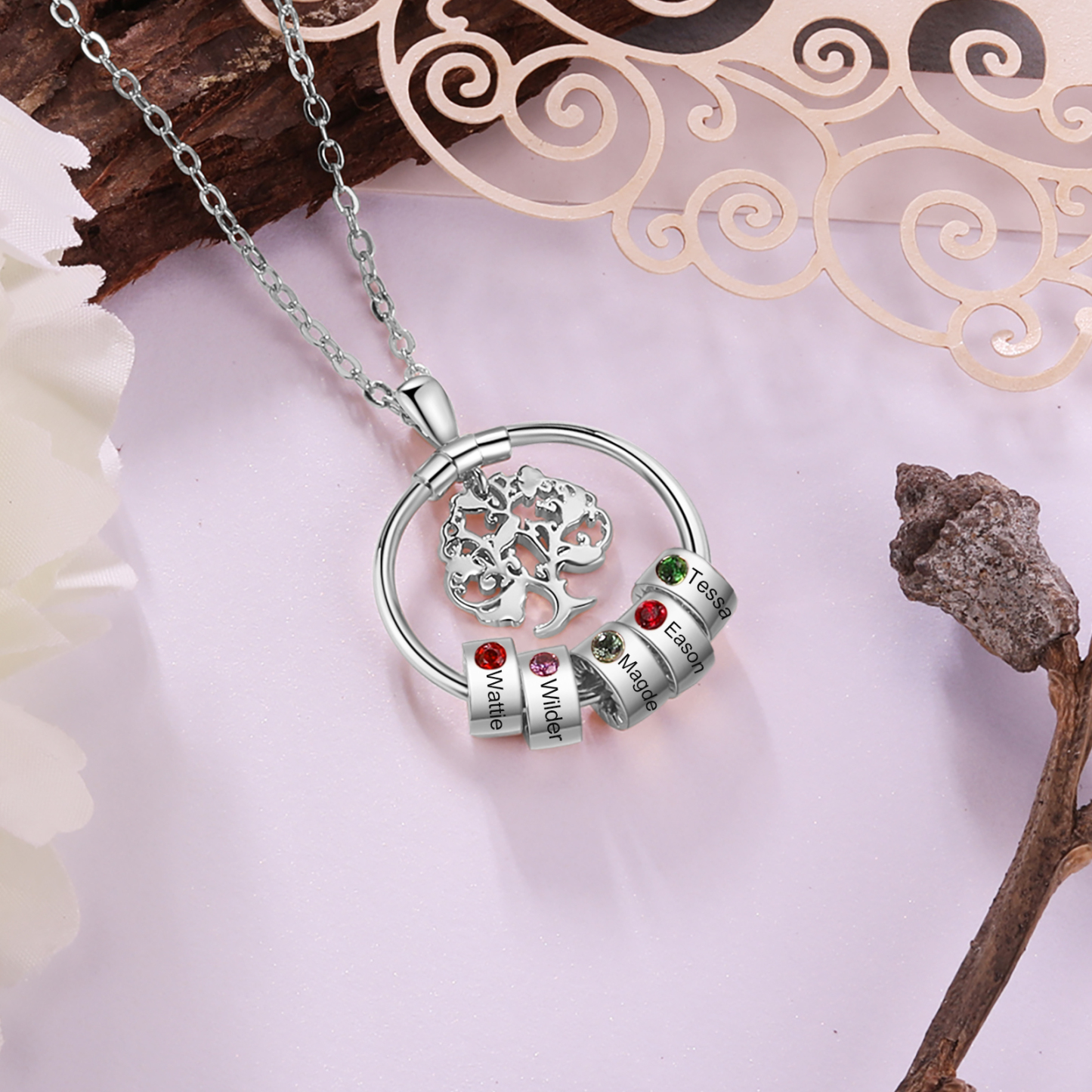 Collar con 1-5 círculos 1-5 piedras de nacimiento y nombres colgante de árbol de la vida plateado-Jessemade ES