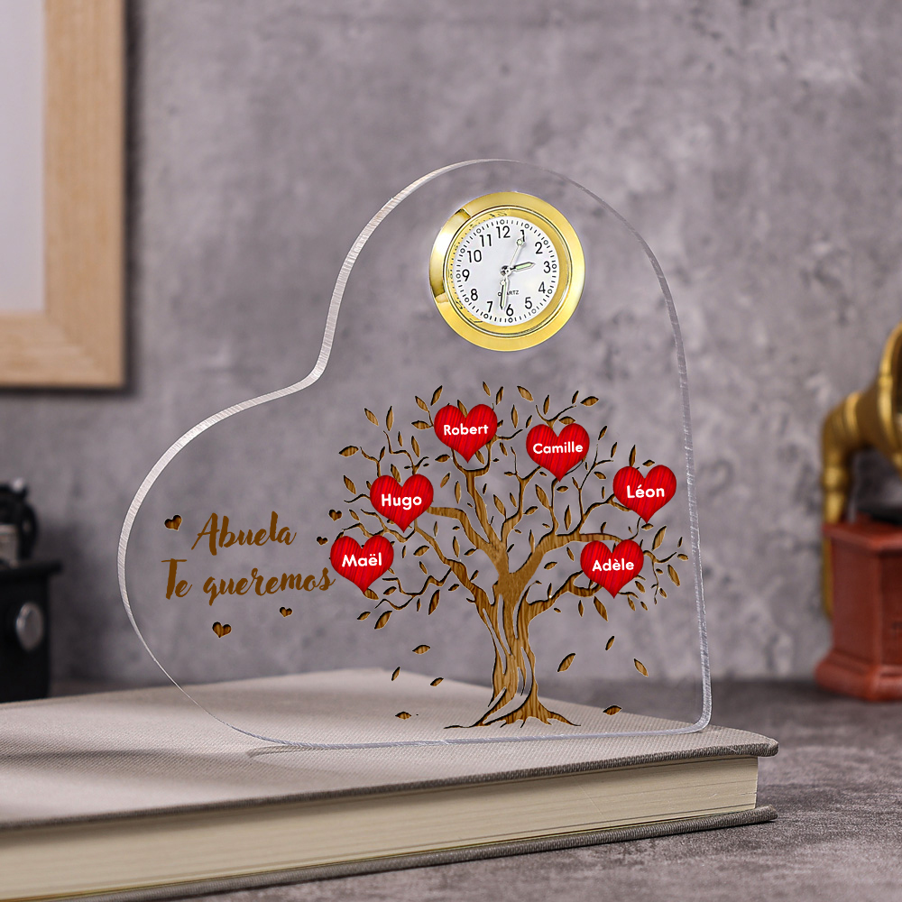 A mi abuela-Placa acrílica en forma acorazonada con un reloj 6 nombres personalizados