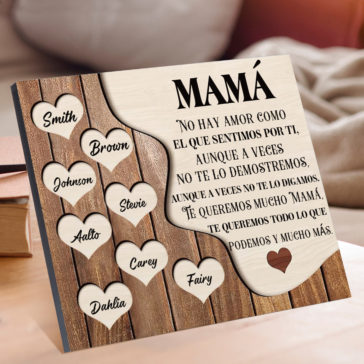 A mi mamá - Lámina 2-8 nombres personalizados marco de madera cara y corazones-Jessemade ES
