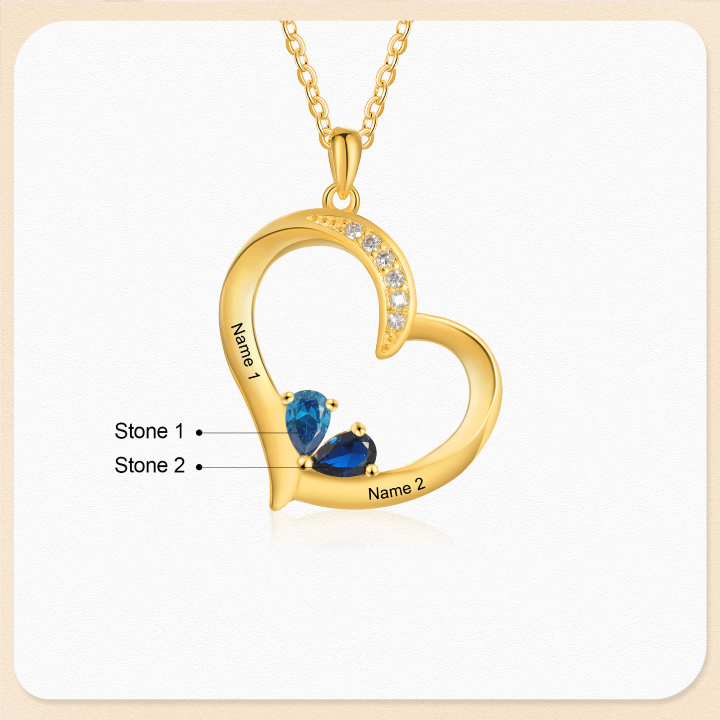 Collar corazón con 1-6 nombres personalizados y 1-6 piedras de nacimiento-Jessemade ES