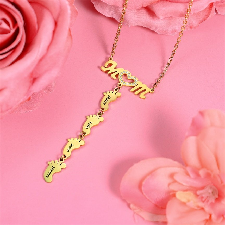 Collar "MoM" con colgante de huellas personalizadas con 2 nombres-Jessemade ES