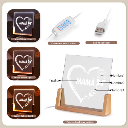 A mi mamá/abuela-Lámpara Personalizada con 2-8 Nombres y 1 Texto "corazón y mariposas" 3D Ilusión Luz de Noche-Jessemade ES