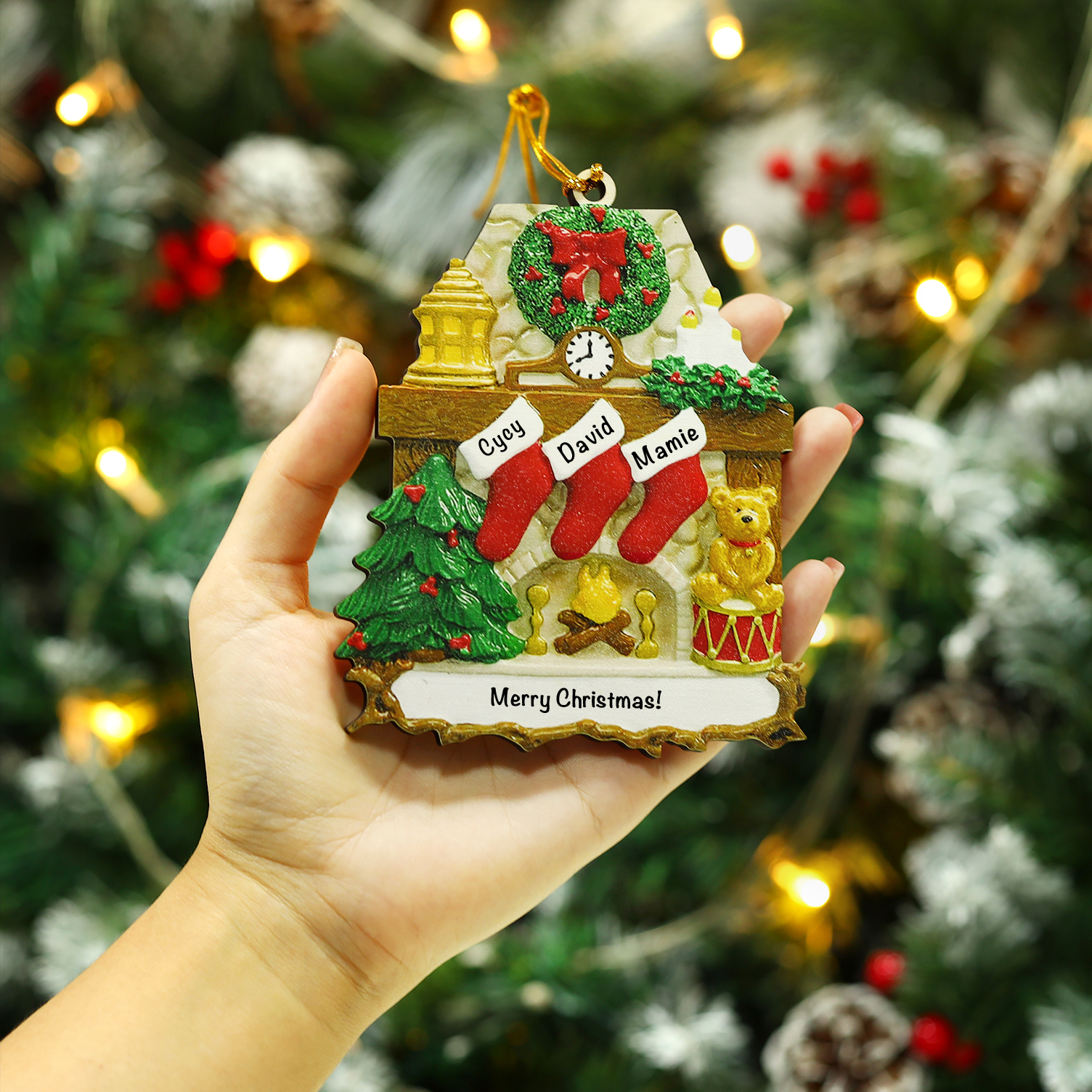Navidad-Ornamento navideño de madera chimenea y calcetines con 3 nombres y 1 texto personalizados