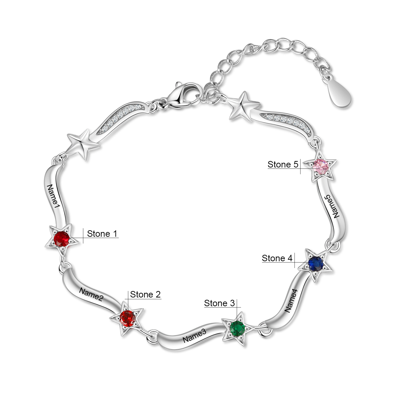 Pulsera Brazalete personalizada de 5 nombres y estrellas con 5 piedras de nacimiento-Jessemade ES