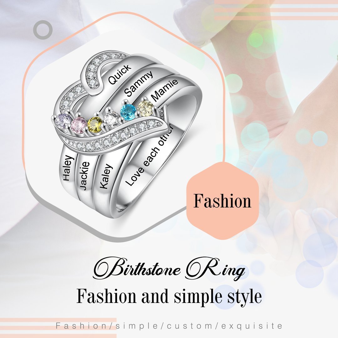 Anillo Plata 925 de corazón personalizado con 6 nombres y 6 piedras de nacimiento con 1 texto