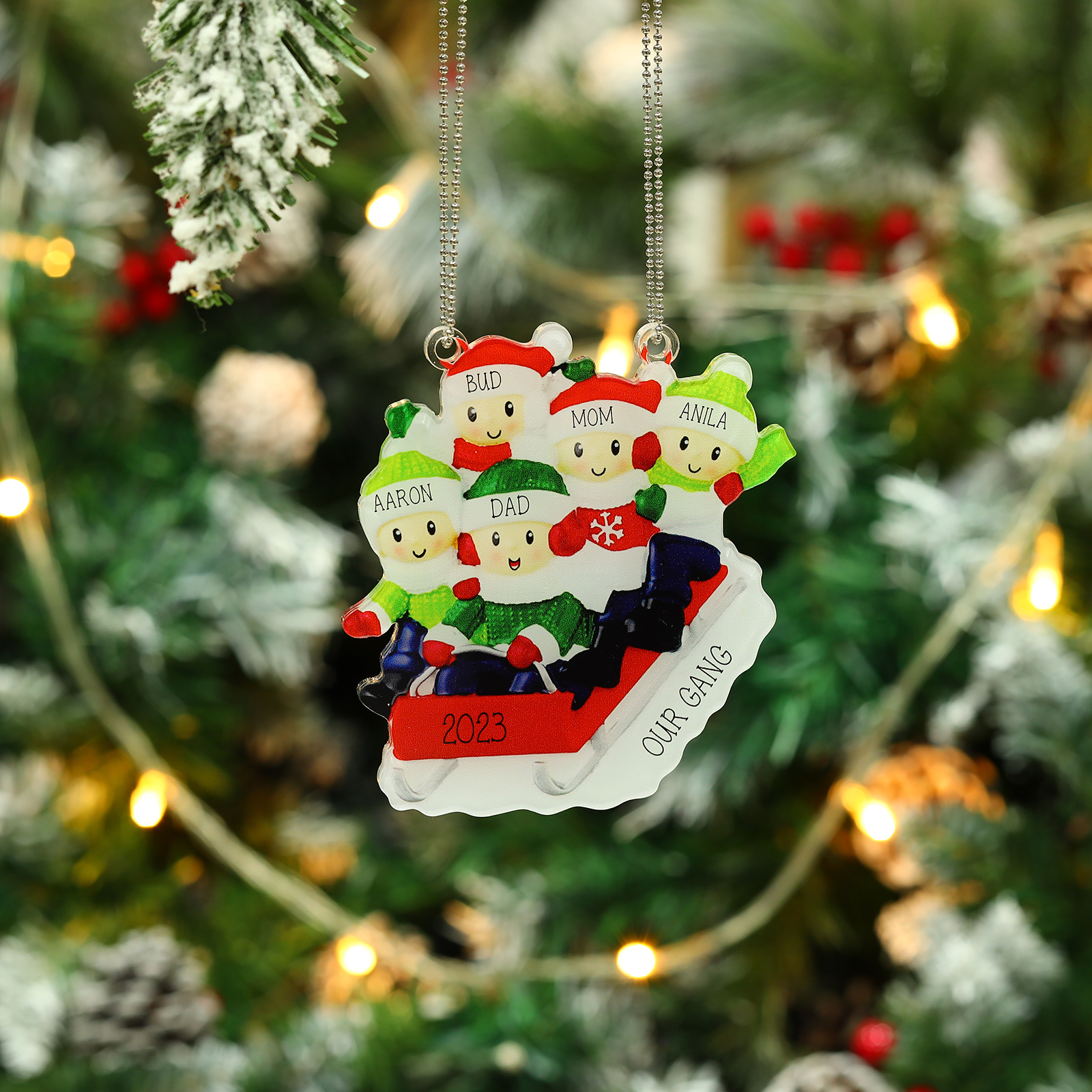 Navidad-Ornamentos Navideños de Acrílico Carro de Esquí 5 Nombres con Texto y Año Personalizados