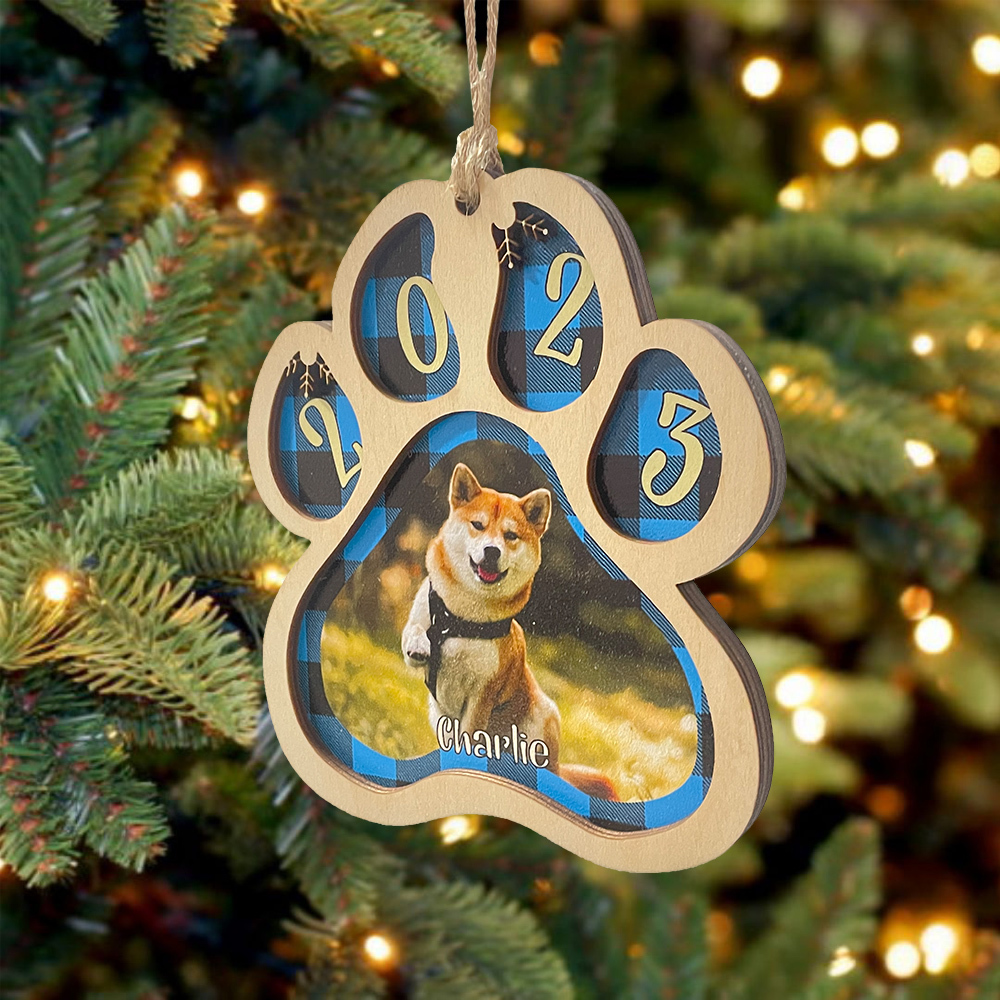 Navidad-Ornamento navideño de madera pata de perro con 1 nombre y 1 foto personalizados