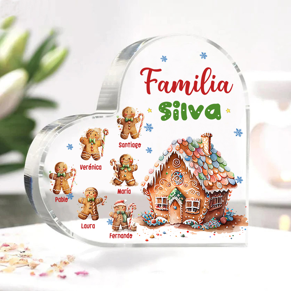 Navidad - Placa de acrílico en forma de corazón jengibres y su casa con 6 nombres y 1 texto personalizados-Jessemade ES