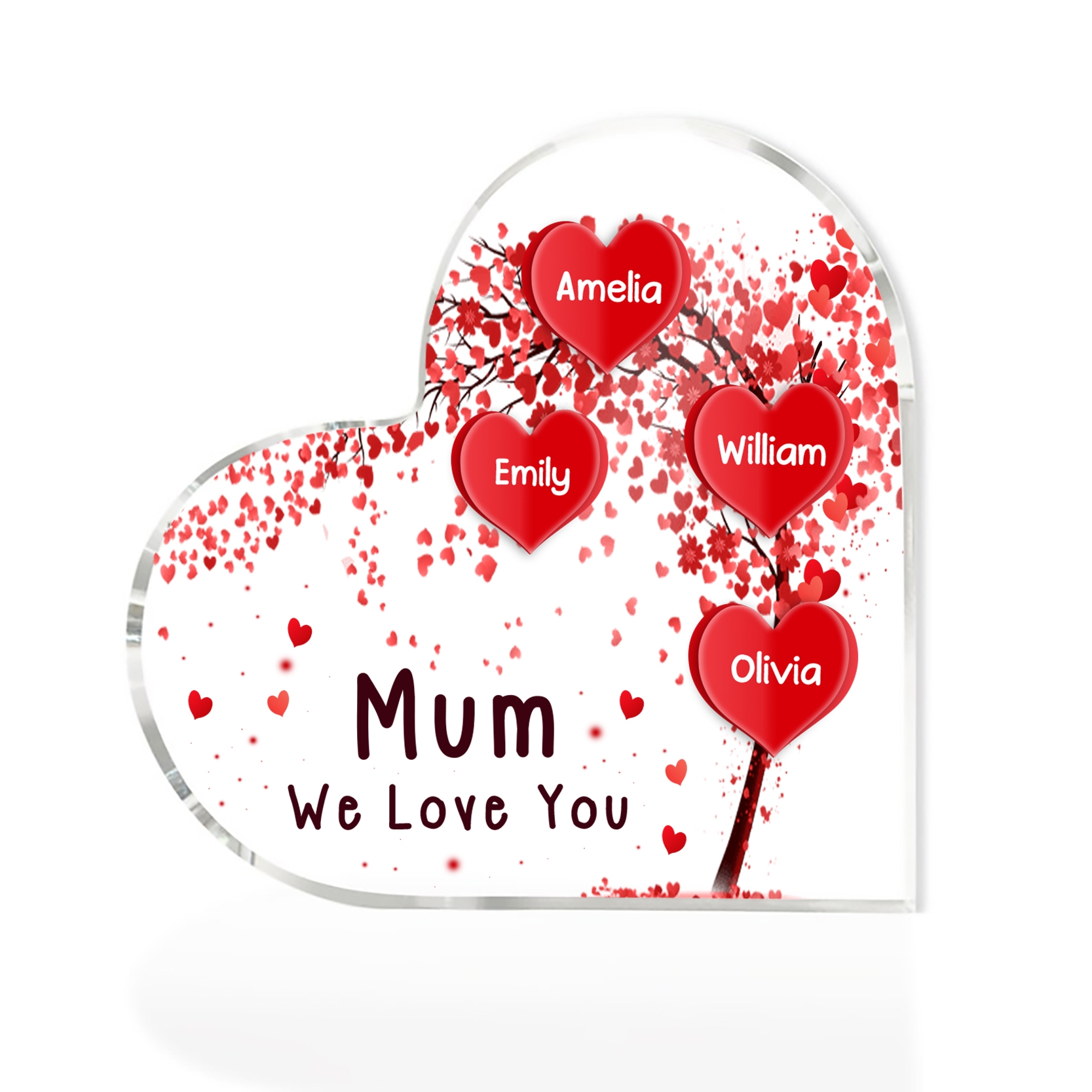 A mi mamá/abuela-Placa de acrílico "Corazones" en forma de corazón 4 nombres y 1 texto personalizados-Jessemade ES