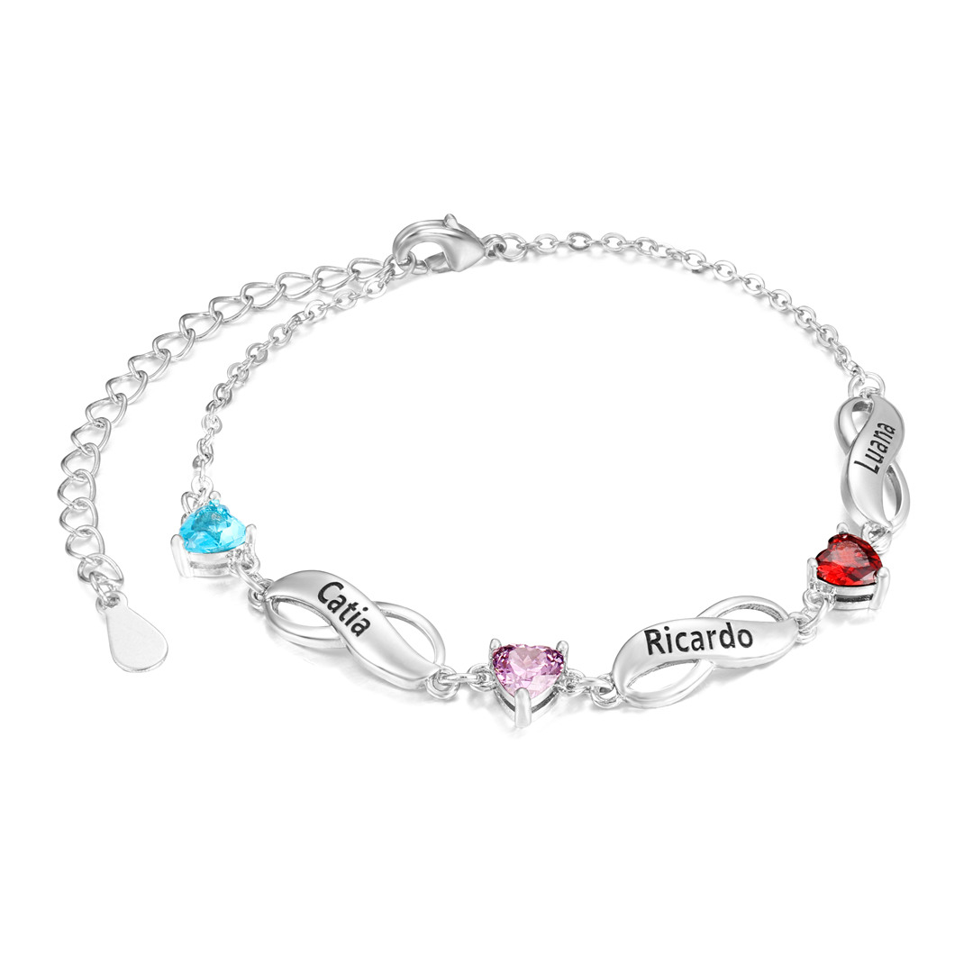 Pulsera "infinito" personalizada con 3 nombres y 3 piedras de nacimiento de corazón-Jessemade ES