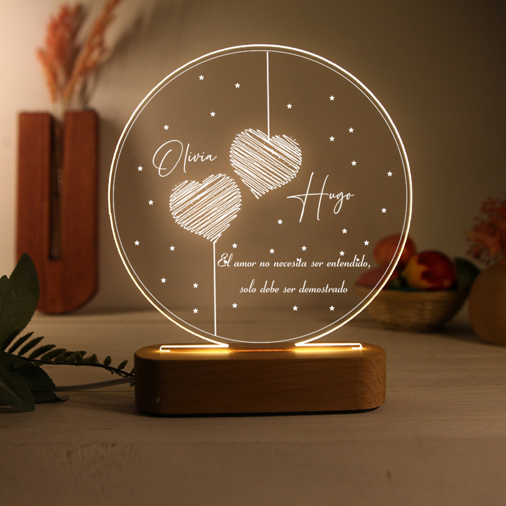 Valentín-Lámpara Ilusión 3D Luz de Noche LED Dos Corazones Acercándose con 2 Nombres Personalizados-Jessemade ES