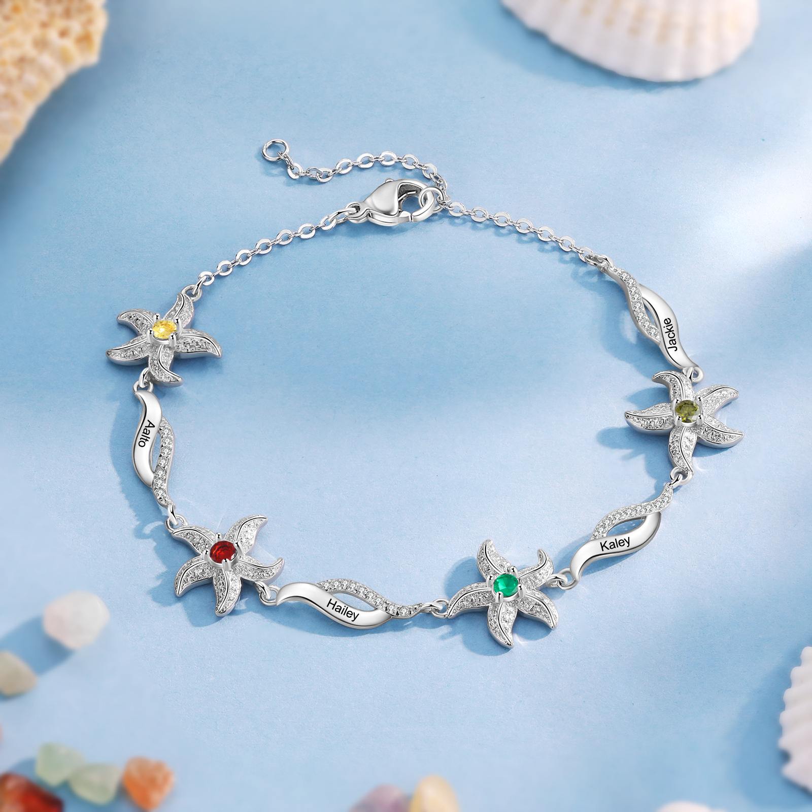 Pulsera con dije de estrella de mar para mujer personalizada con 4 nombres y 4 piedras de nacimiento-Jessemade ES