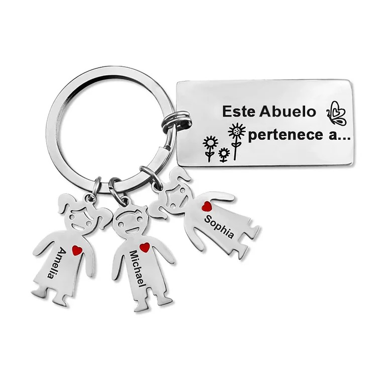 A mi abuelo - Llavero con 3 nombres personalizados de miembros de la familia grabados en muñecos del género correspondiente | Jessemade ES