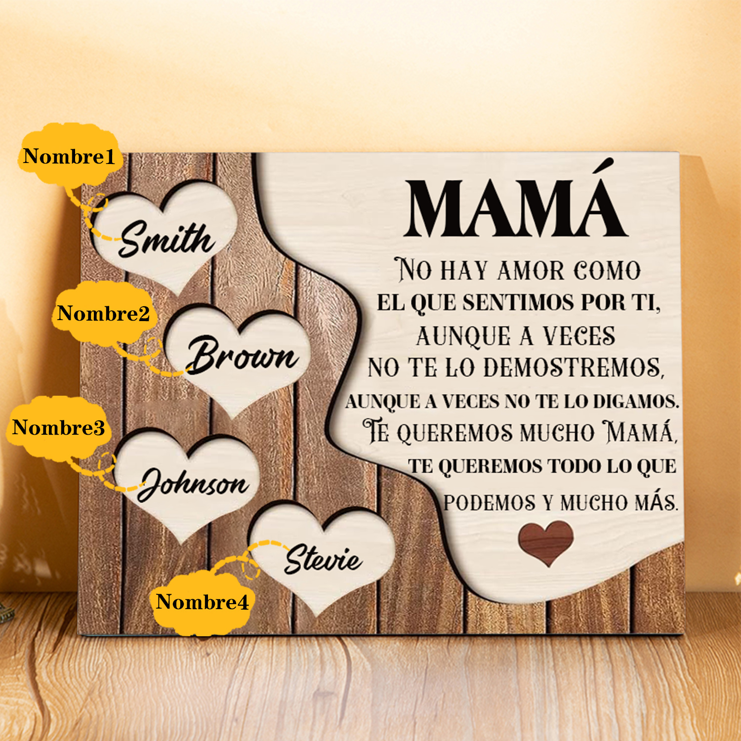 A mi mamá - Lámina 2-8 nombres personalizados marco de madera cara y corazones-Jessemade ES