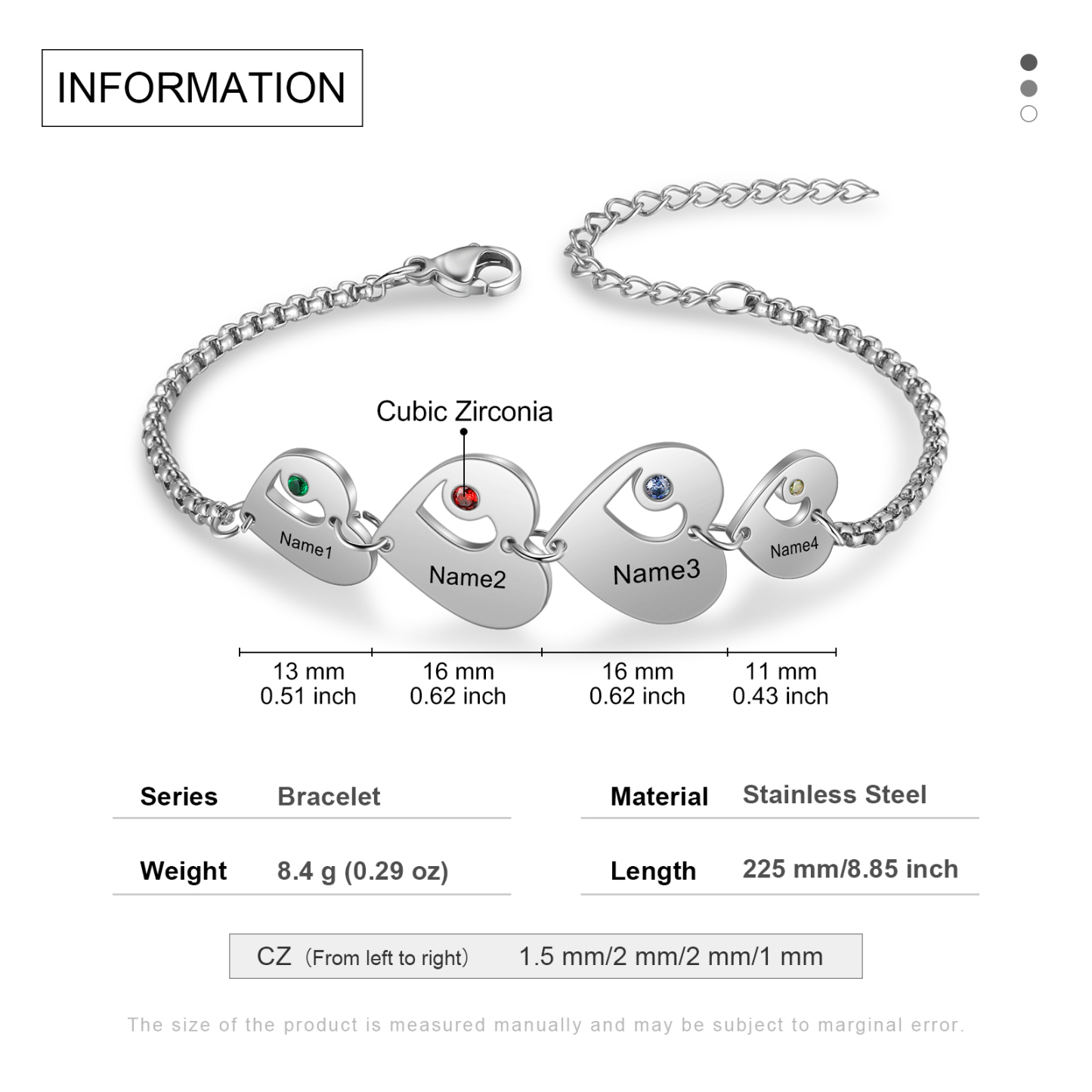 Pulsera de corazón personalizada con 4 nombres y 4 piedras de nacimiento-Jessemade ES