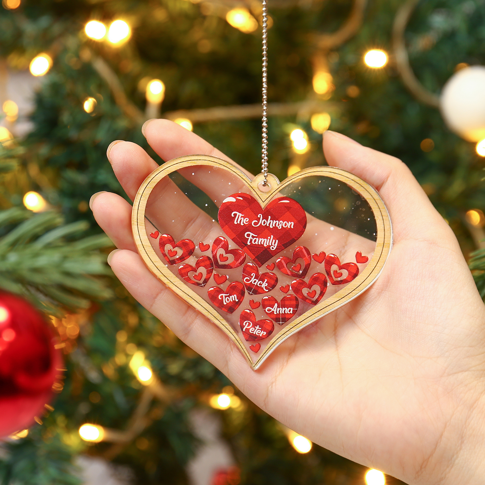 Navidad-Ornamento navideño de acrílico corazones con 4 nombres y 1 texto personalizados