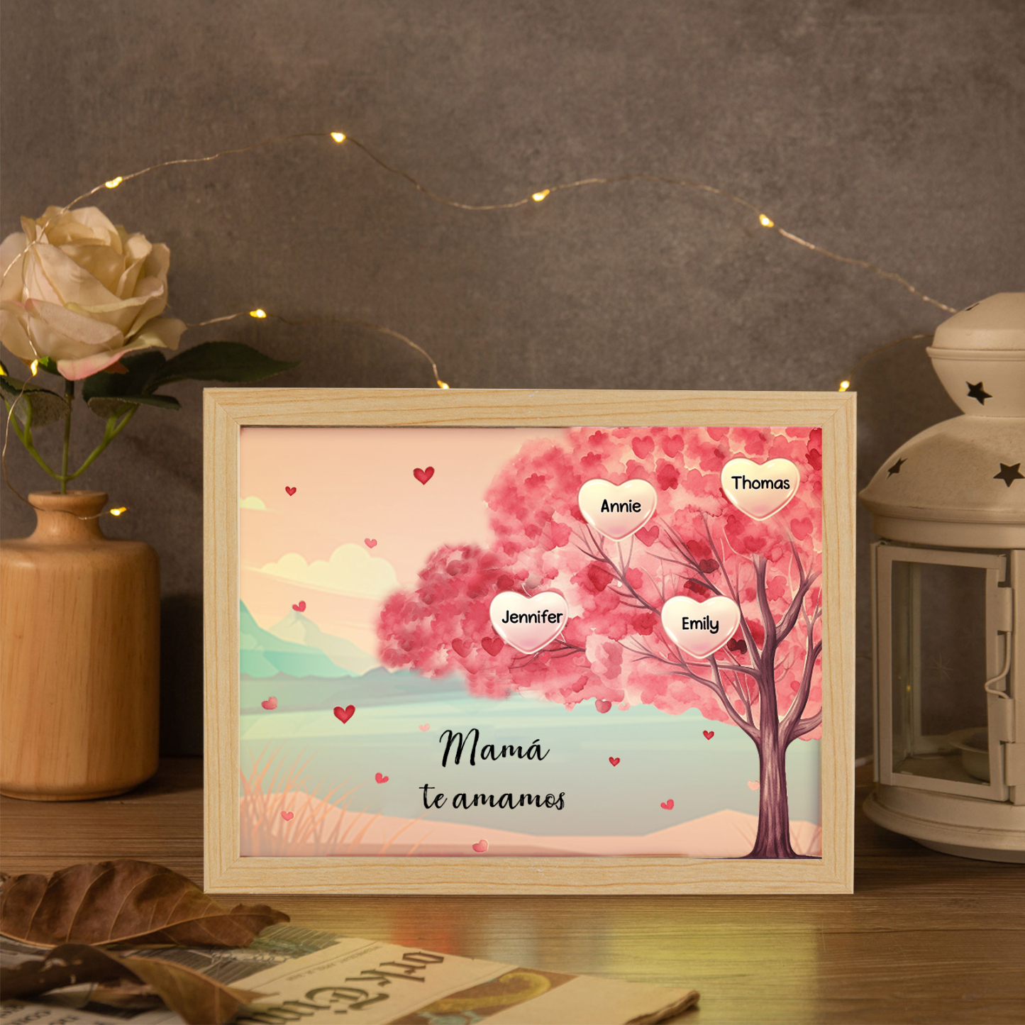 Marco con LED Árbol de la Vida 1-10 Nombres Personalizados con 1 Texto-Jessemade ES