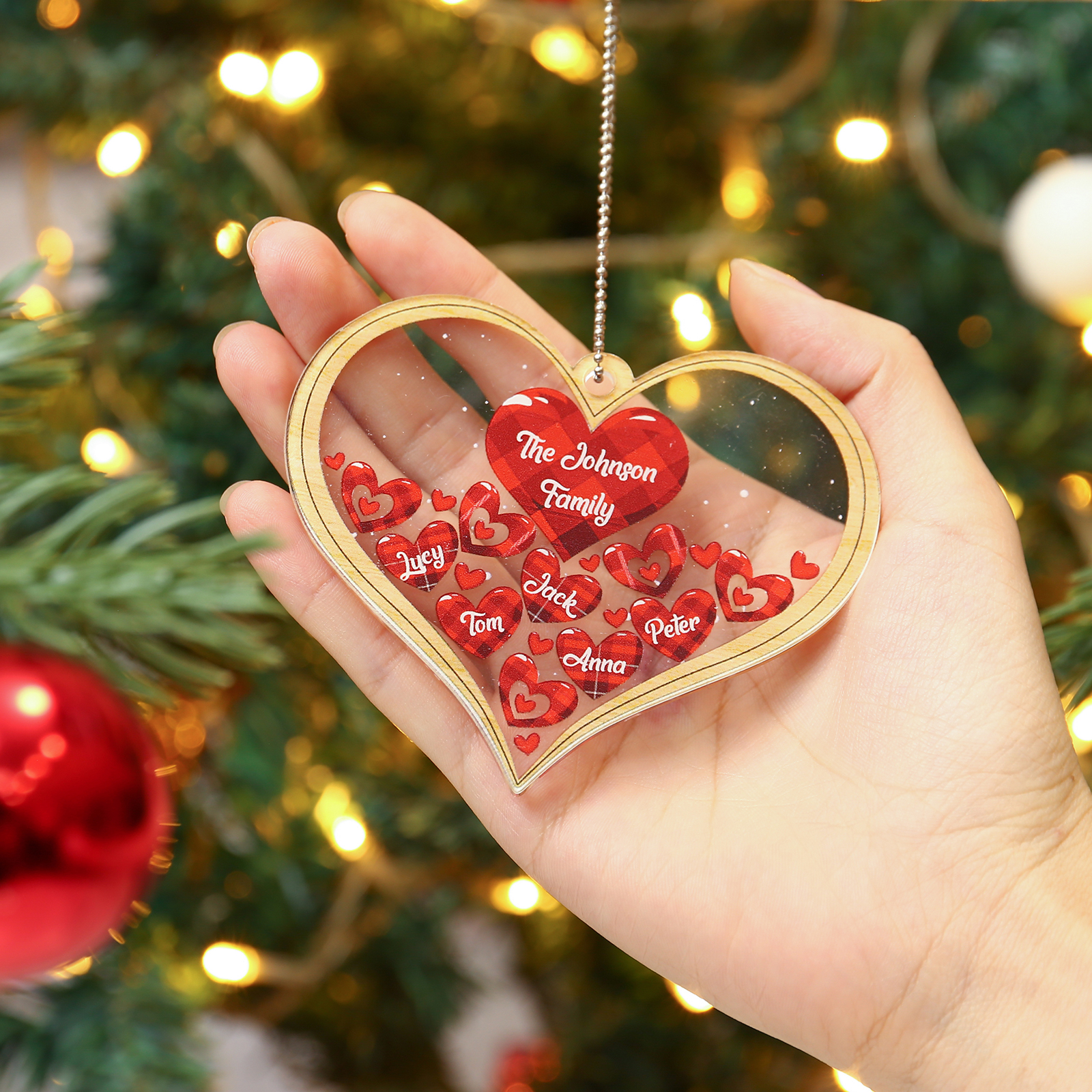 Navidad-Ornamento navideño de acrílico corazones con 5 nombres y 1 texto personalizados