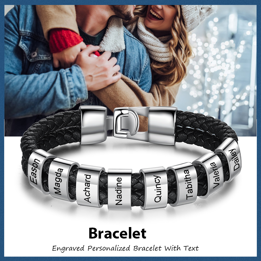 A mi papá-Pulsera de cuero trenzado Pulsera de hombre con 7 aros personalizados con 7 nombres-Jessemade ES