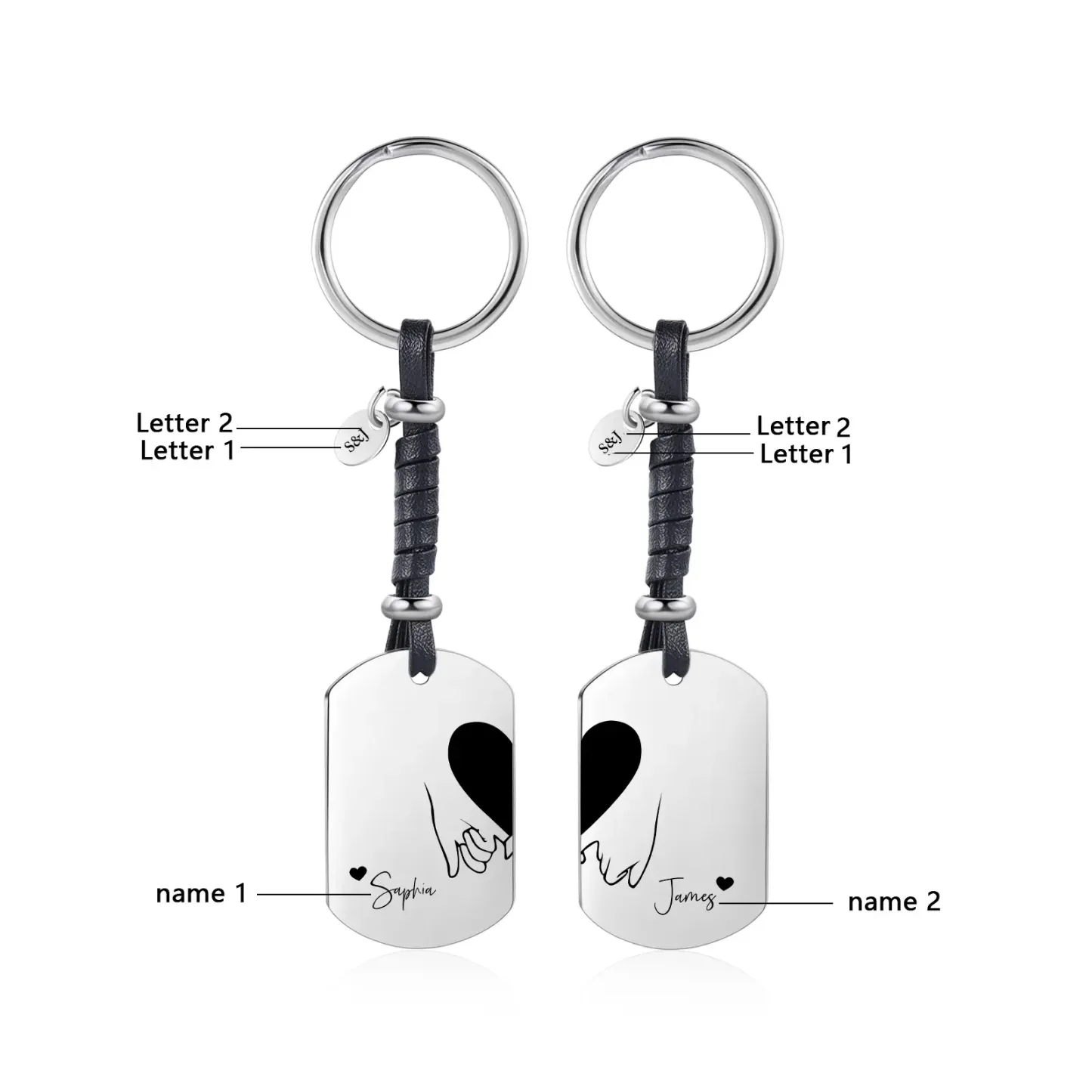Llavero para pareja dedos cogidos 2 nombres y 2 letras personalizados-Jessemade ES