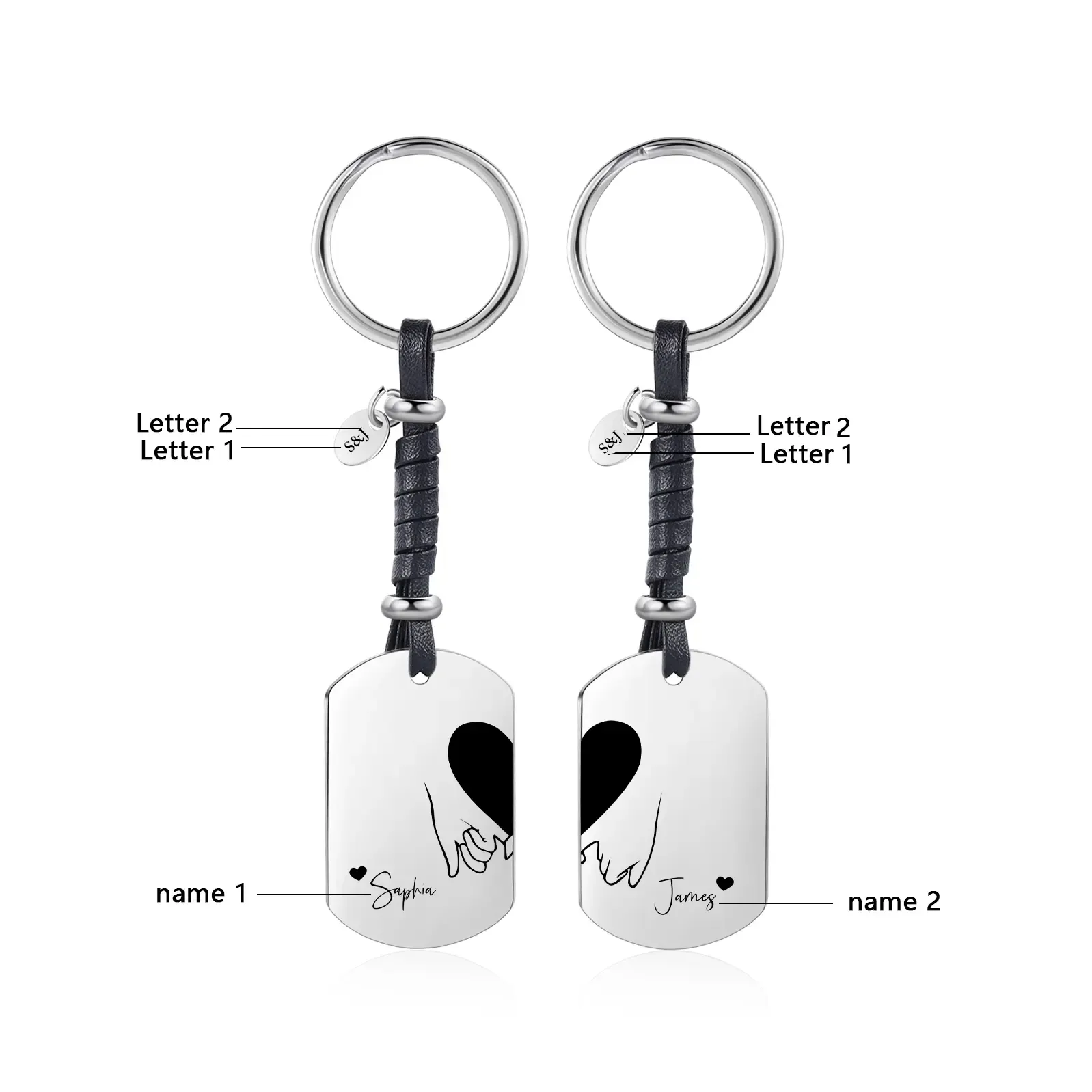 Llavero para pareja dedos cogidos 2 nombres y 2 letras personalizados-Jessemade ES