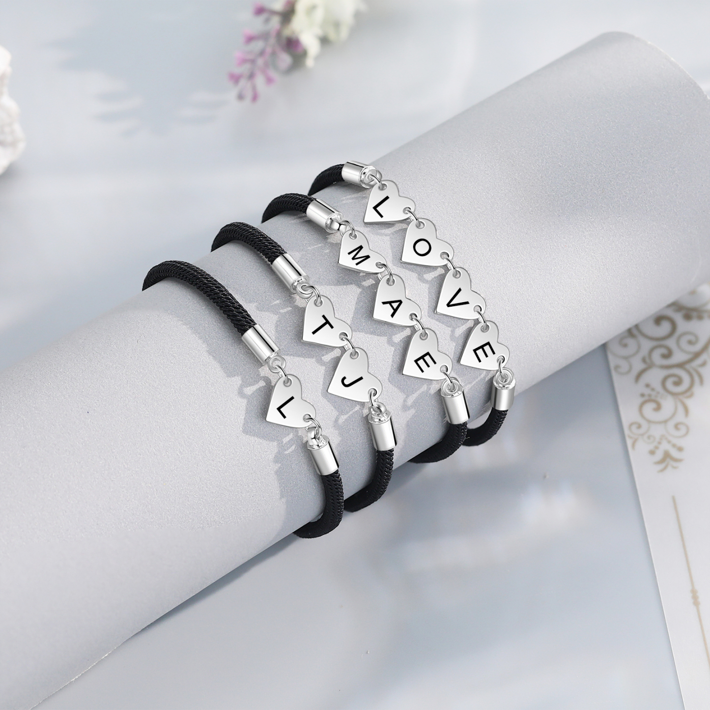 Pulsera de cuerda con dije de corazón 1-4 letras personalizadas-Jessemade ES