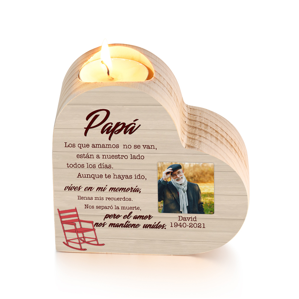 Candelero de corazón en memoria de papá personalizado con nombre, foto y texto de madera sin vela-Jessemade ES