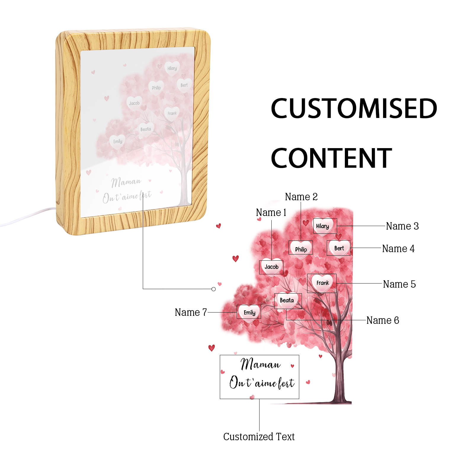 Marco/Espejo con LED Multifuncional Árbol de la Vida 1-10 Nombres Personalizados con 1 Texto-Jessemade ES