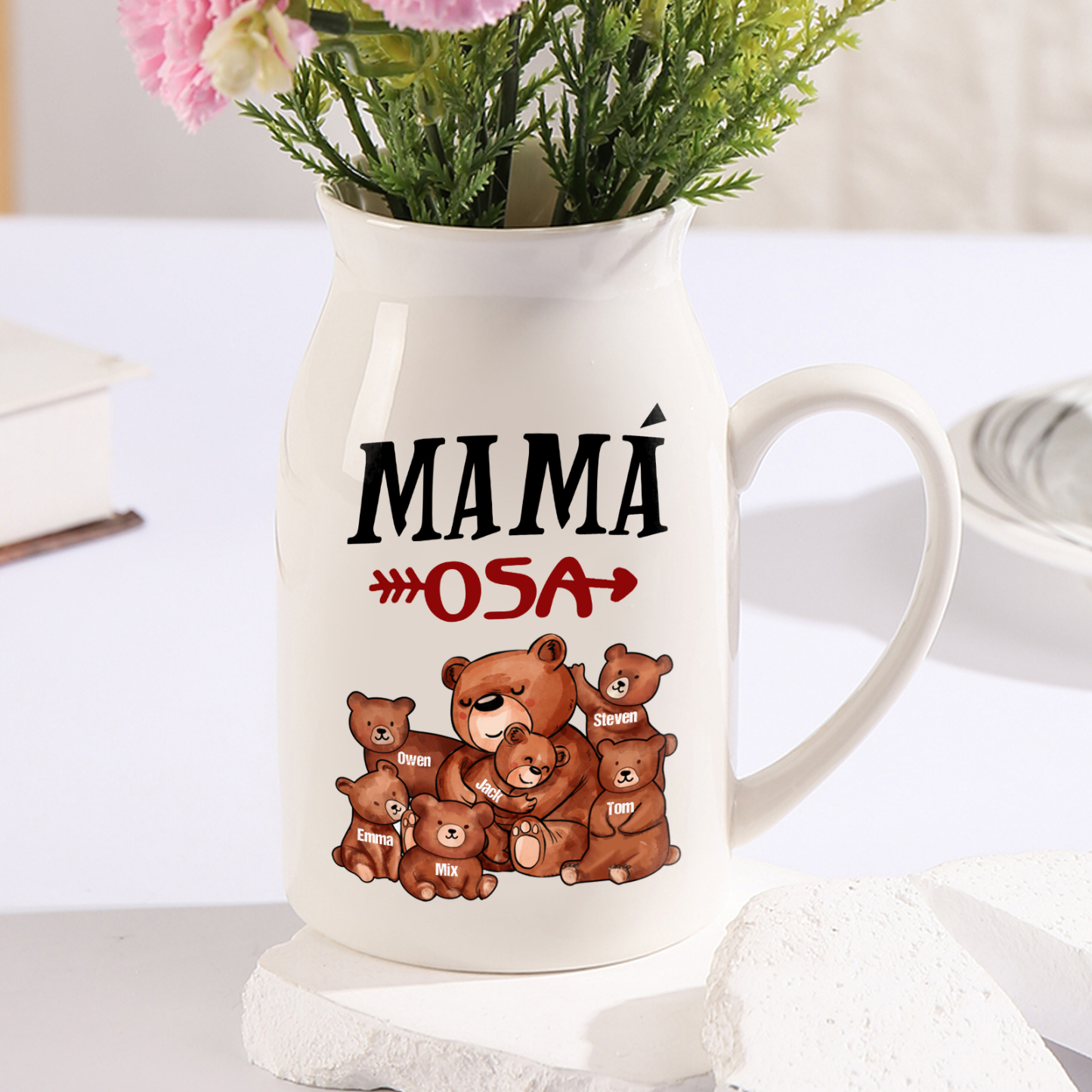 Florero de cerámica mamaosa y sus bebés 2-8 nombres personalizados con texto decoración del hogar-Jessemade ES