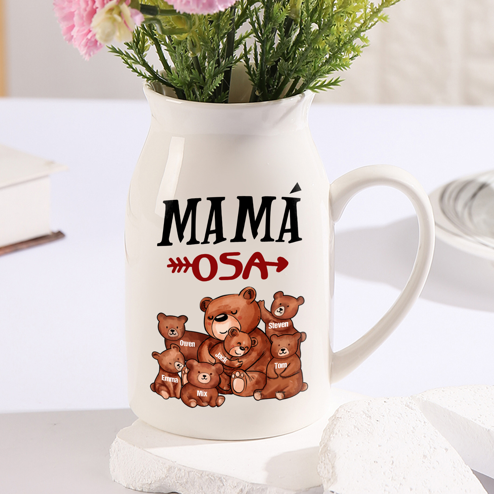 Florero de cerámica mamaosa y sus bebés 2-8 nombres personalizados con texto decoración del hogar-Jessemade ES