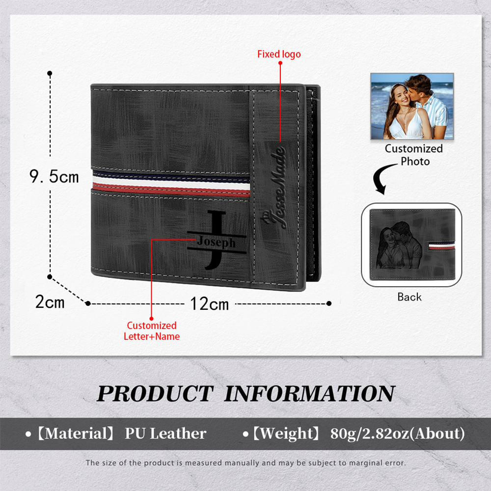Cartera, billetera personalizada con 1 foto, 1 nombre y 1 letra monedero para hombre-Jessemade ES
